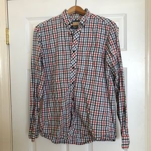 GH Bass Co Button Down Check White Red Navy Blue Dress Shirt Men's Medium